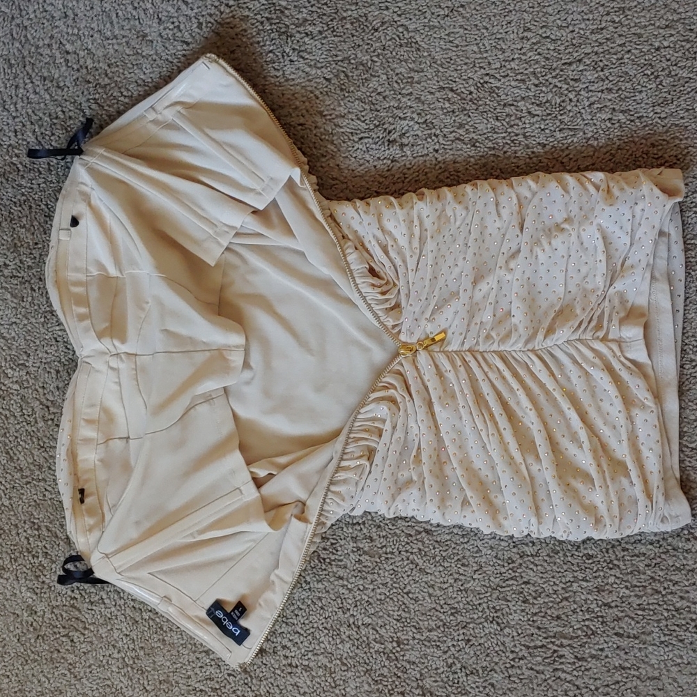 Bebe gold stud sparkly strapless mini dress beige mesh - Picture 9 of 10